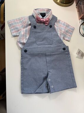 Nautica Boys 3-Piece Set Bow Tie Shirt Overalls 12M NWT Grecian Blue